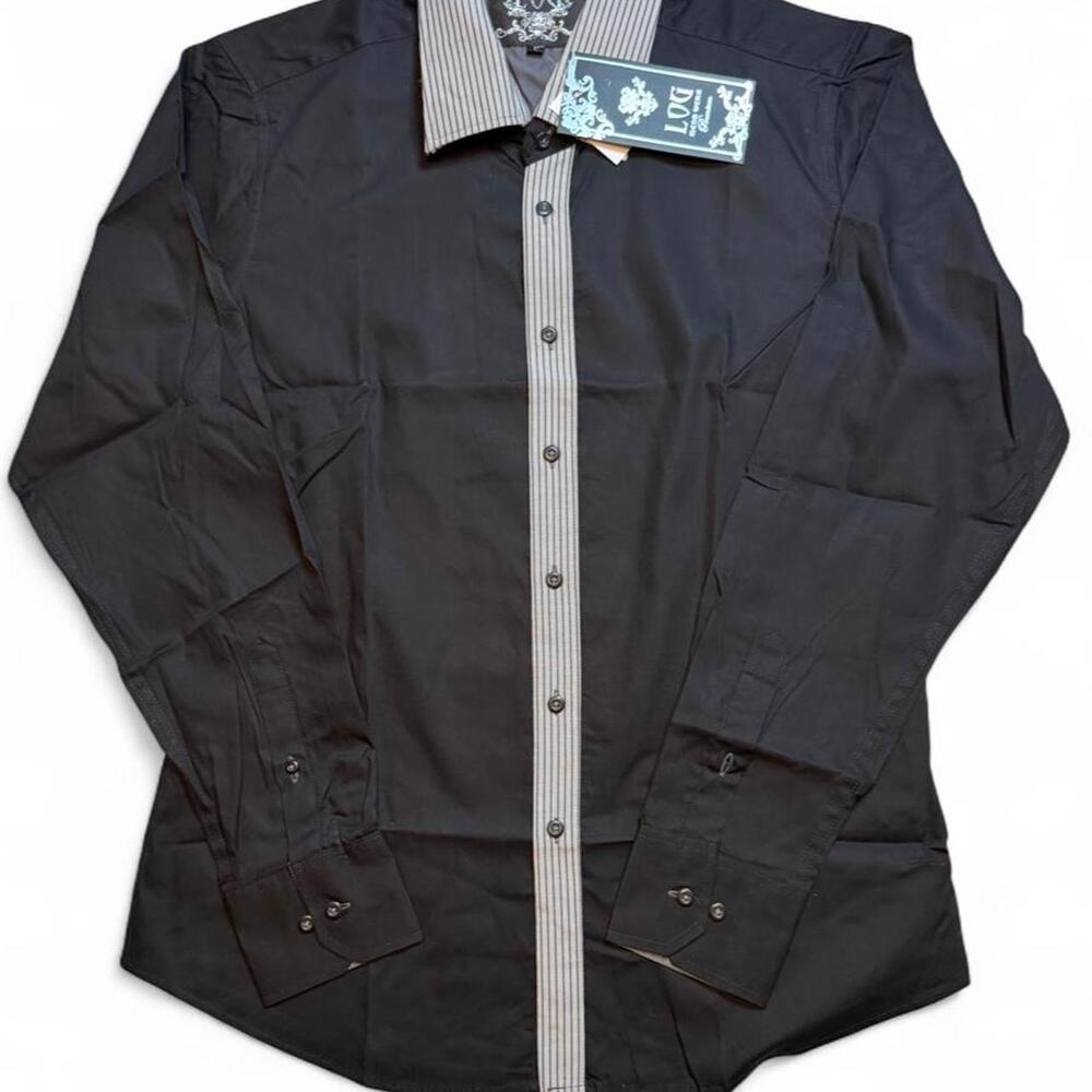 Log wear Black button-up shirt with gray vertical stripes on collar and placket